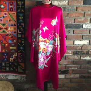 100% SILK Pink FLORAL Tunic, Kimono Style Hostess, MAXI LONG Pull-Over Dress O/S